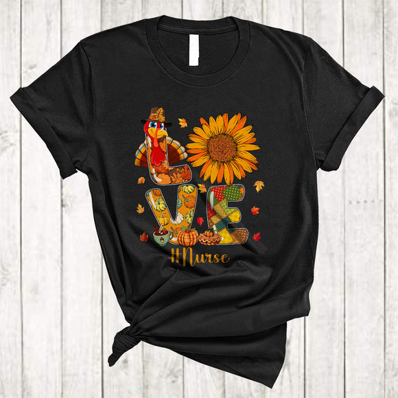 MacnyStore - LOVE Nurse, Lovely Thanksgiving Fall Sunflower Turkey, Matching Nurse Group T-Shirt