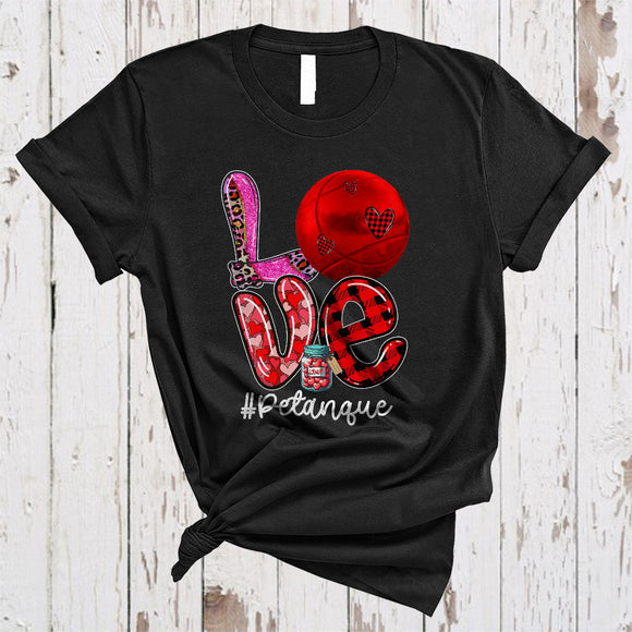 MacnyStore - LOVE Petanque, Amazing Plaid Leopard Valentine Petanque Player, Heart Shape Matching Sport Team T-Shirt