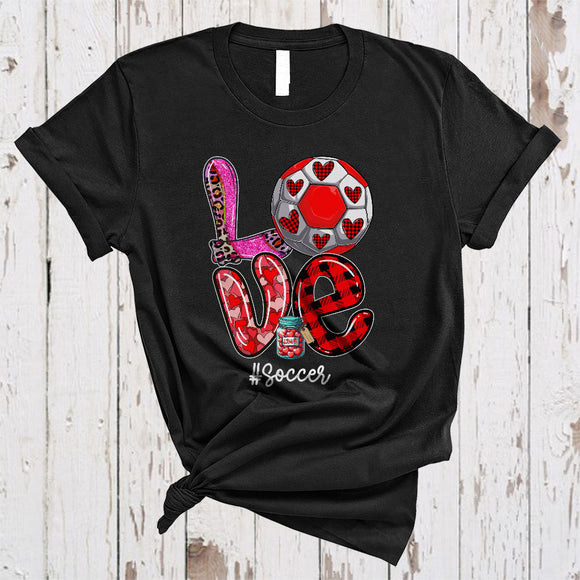 MacnyStore - LOVE Soccer, Amazing Plaid Leopard Valentine Soccer Player, Heart Shape Matching Sport Team T-Shirt