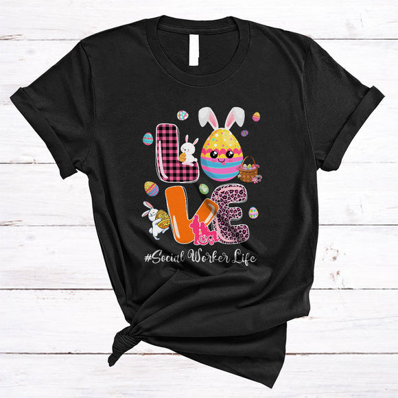 MacnyStore - LOVE Social Worker Life, Cute Easter Day Leopard Plaid Bunny Egg, Matching Egg Hunting Group T-Shirt