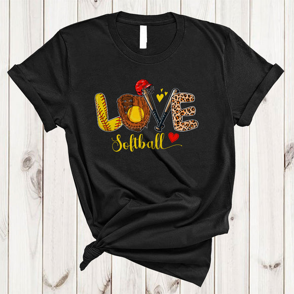 MacnyStore - LOVE Softball, Joyful Leopard Softball Tools, Matching Women Girls Sport Player Team Group T-Shirt