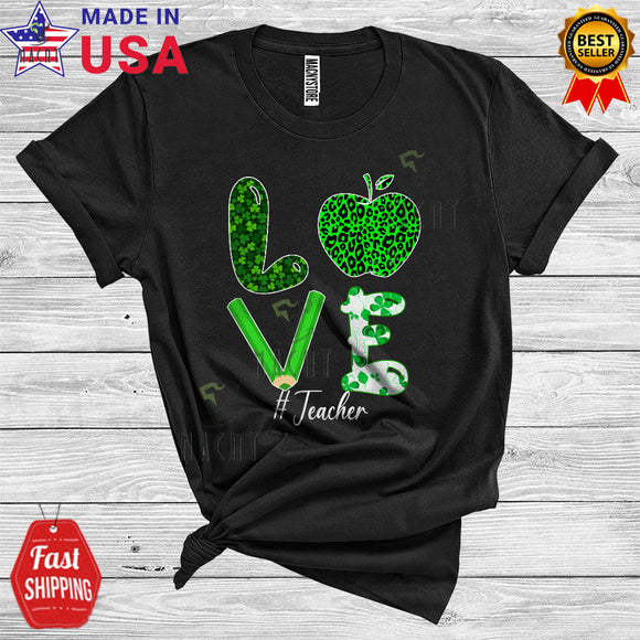 MacnyStore - LOVE Teacher Cool Cute St. Patrick's Day Irish Shamrock Leopard Teacher Tools Lover T-Shirt