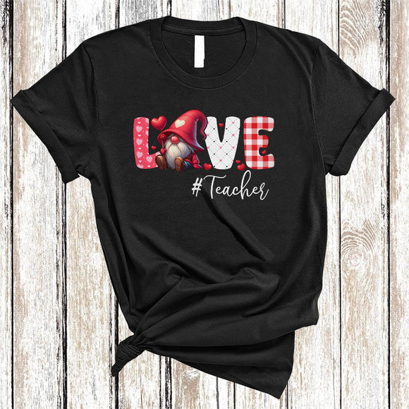 MacnyStore - LOVE Teacher, Adorable Valentine's Day Teacher Lover, Gnome Gnomies Plaid Hearts T-Shirt