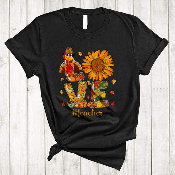 MacnyStore - LOVE Teacher, Lovely Thanksgiving Fall Sunflower Turkey, Matching Teacher Group T-Shirt