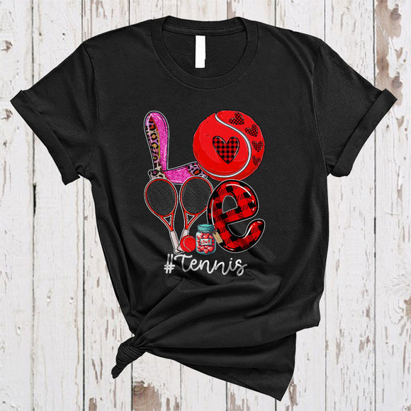 MacnyStore - LOVE Tennis, Amazing Plaid Leopard Valentine Tennis Player, Heart Shape Matching Sport Team T-Shirt