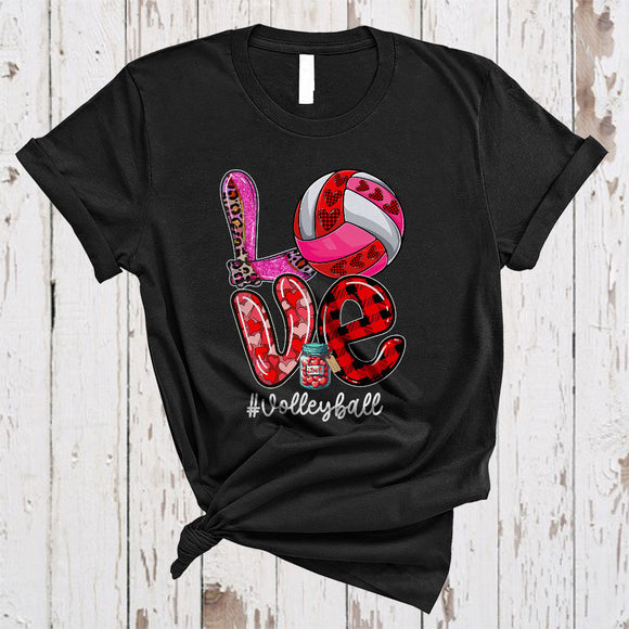MacnyStore - LOVE Volleyball, Amazing Plaid Leopard Valentine Volleyball Player, Heart Shape Matching Sport Team T-Shirt