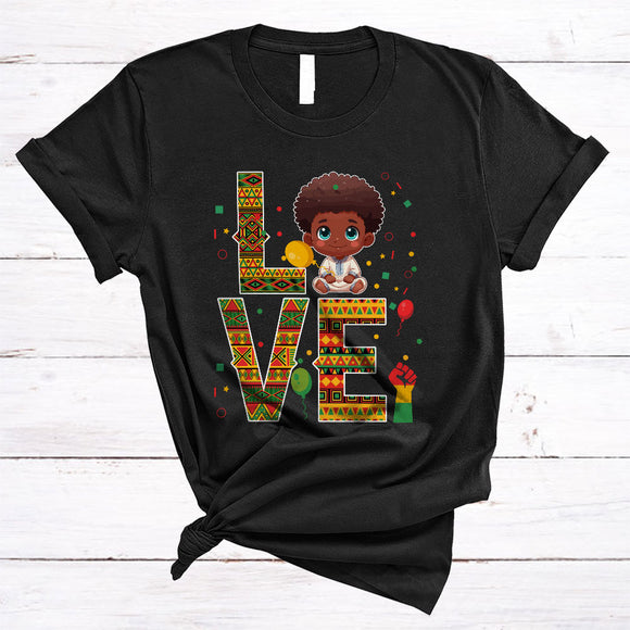 MacnyStore - LOVE, Adorable Black History Month Afro Boy, African American Strong Hand Afro Pride T-Shirt