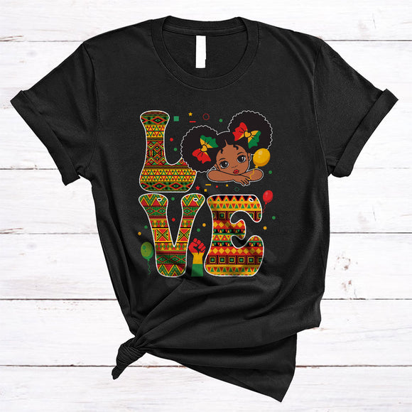 MacnyStore - LOVE, Adorable Black History Month Afro Girl, African American Strong Hand Afro Pride T-Shirt