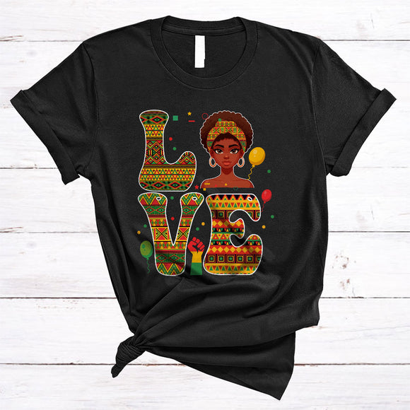 MacnyStore - LOVE, Adorable Black History Month Afro Woman, African American Strong Hand Afro Pride T-Shirt