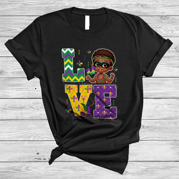 MacnyStore - LOVE, Adorable Mardi Gras Beads Mask Black African Boy, Melanin Afro Pride Group T-Shirt