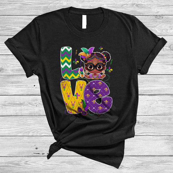 MacnyStore - LOVE, Adorable Mardi Gras Beads Mask Black African Girl, Melanin Afro Pride Group T-Shirt