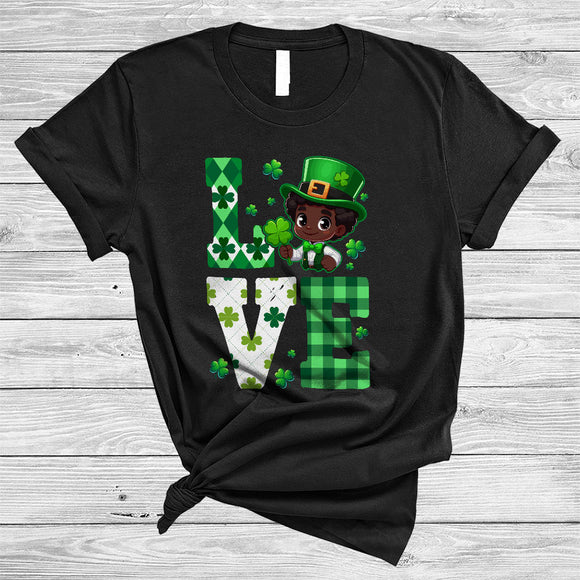 MacnyStore - LOVE, Adorable St. Patrick's Day Plaid Shamrock Black African Boy, Melanin Afro Pride Group T-Shirt