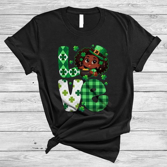 MacnyStore - LOVE, Adorable St. Patrick's Day Plaid Shamrock Black African Girl, Melanin Afro Pride Group T-Shirt