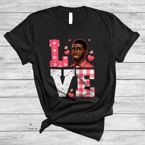 MacnyStore - LOVE, Adorable Valentine's Day Hearts Plaid Black African Men, Melanin Afro Pride Group T-Shirt