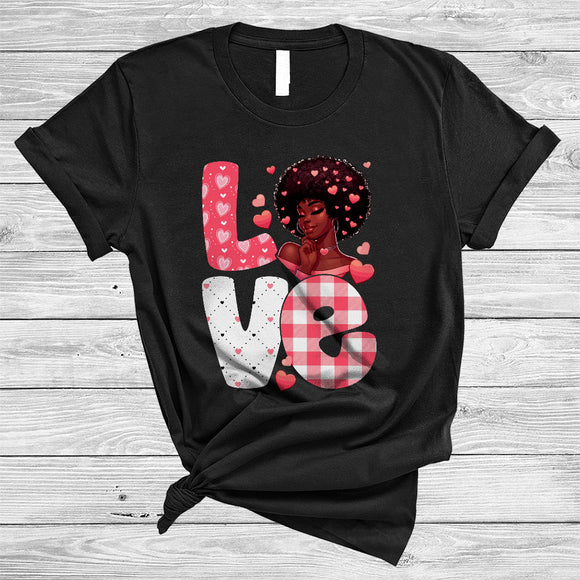 MacnyStore - LOVE, Adorable Valentine's Day Hearts Plaid Black African Women, Melanin Afro Pride Group T-Shirt
