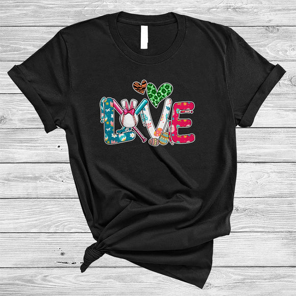 MacnyStore - LOVE, Amazing Easter Day Baseball Bunny, Leopard Hearts Shape Baseball Player Sport Team T-Shirt
