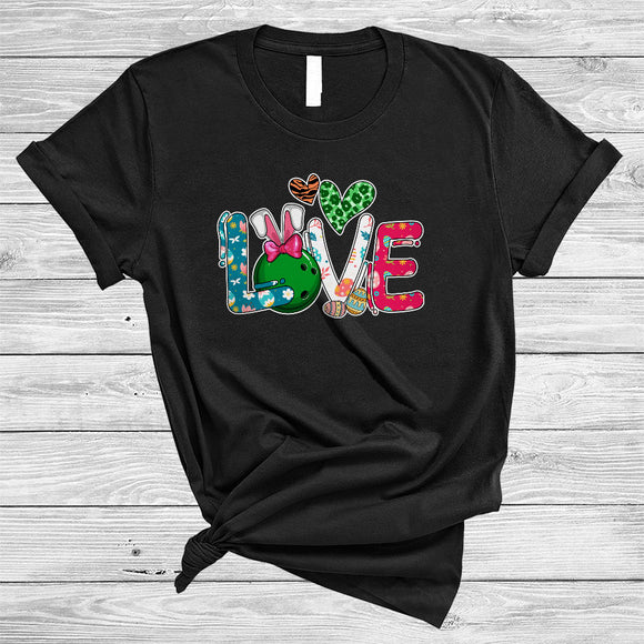 MacnyStore - LOVE, Amazing Easter Day Bowling Bunny, Leopard Hearts Shape Bowling Player Sport Team T-Shirt