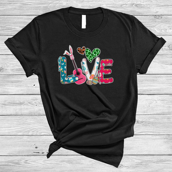 MacnyStore - LOVE, Amazing Easter Day Guitar Bunny, Leopard Hearts Guitar Player Musical Instruments T-Shirt