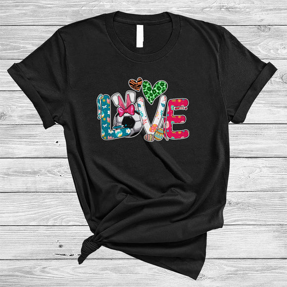 MacnyStore - LOVE, Amazing Easter Day Soccer Bunny, Leopard Hearts Shape Soccer Player Sport Team T-Shirt