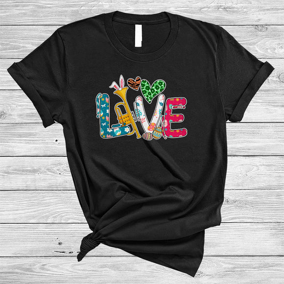 MacnyStore - LOVE, Amazing Easter Day Trumpet Bunny, Leopard Hearts Trumpet Player Musical Instruments T-Shirt
