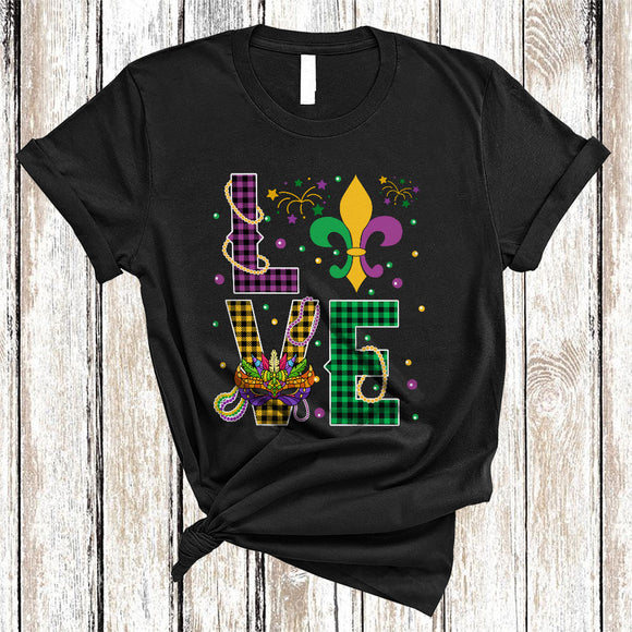 MacnyStore - LOVE, Amazing Plaid Mardi Gras Party Beads Mask, Matching Mardi Gras Carnival Parade Group T-Shirt