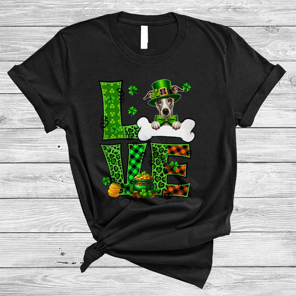 MacnyStore - LOVE, Amazing St. Patrick's Day Whippet Leprechaun, Irish Plaid Shamrock Whippet Play Bones T-Shirt