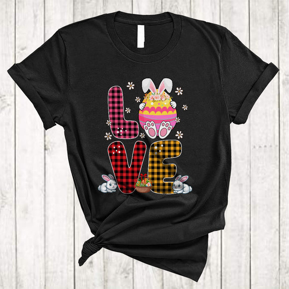 MacnyStore - LOVE, Awesome Plaid Easter Bunny Eggs Flowers, Egg Hunting Matching Family Group T-Shirt