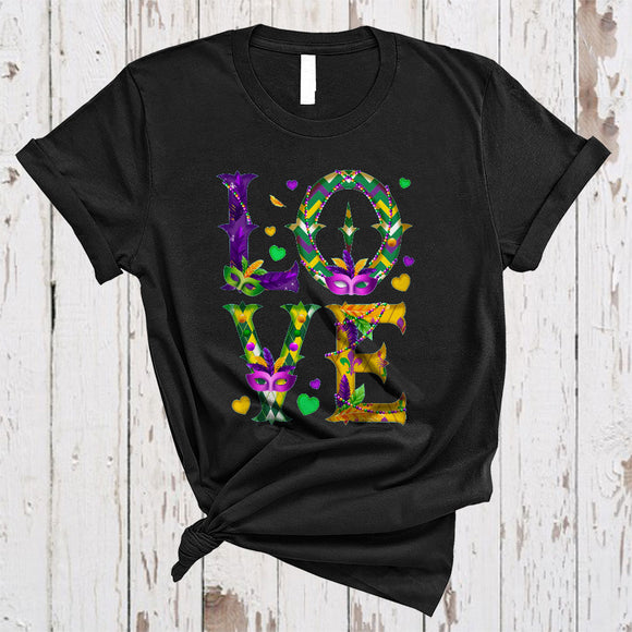 MacnyStore - LOVE, Cheerful Mardi Gras Mask Beads Plaid Hearts, Matching Family Parades Group T-Shirt