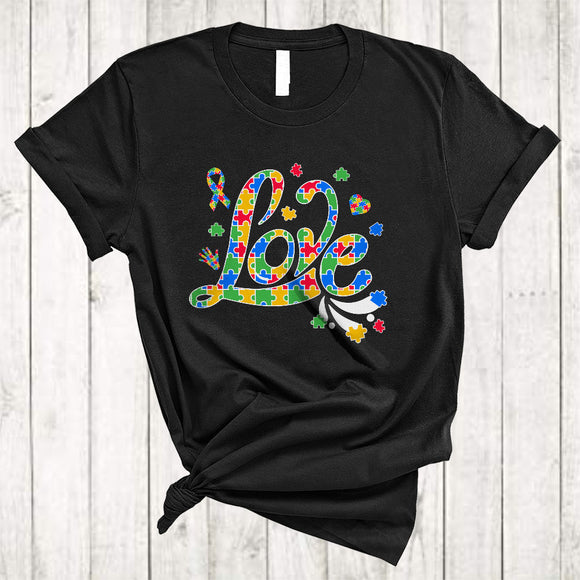 MacnyStore - LOVE, Colorful Autism Awareness Support Puzzle Hearts, Matching Family Group T-Shirt
