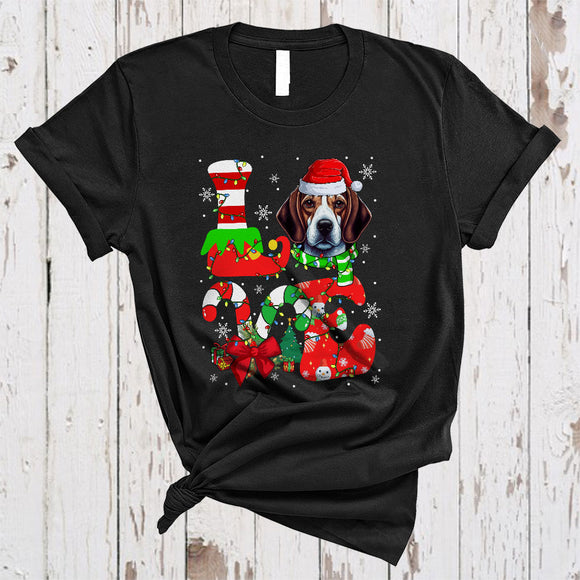 MacnyStore - LOVE, Colorful Christmas Santa Beagle Lover, Candy Canes X-mas Lights Snow Around T-Shirt