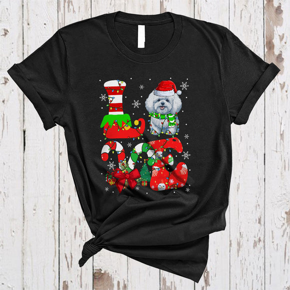 MacnyStore - LOVE, Colorful Christmas Santa Bichon Frise Lover, Candy Canes X-mas Lights Snow Around T-Shirt