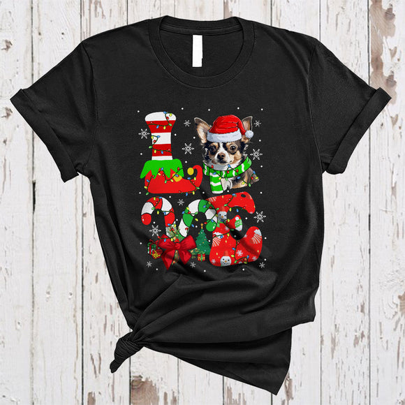 MacnyStore - LOVE, Colorful Christmas Santa Chihuahua Lover, Candy Canes X-mas Lights Snow Around T-Shirt
