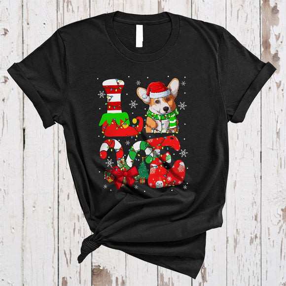 MacnyStore - LOVE, Colorful Christmas Santa Corgi Lover, Candy Canes X-mas Lights Snow Around T-Shirt