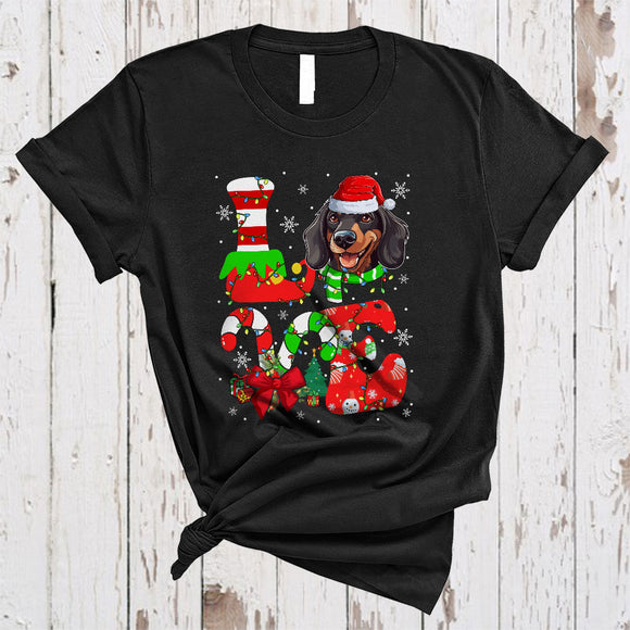 MacnyStore - LOVE, Colorful Christmas Santa Dachshund Lover, Candy Canes X-mas Lights Snow Around T-Shirt
