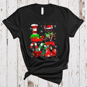 MacnyStore - LOVE, Colorful Christmas Santa French Bulldog Lover, Candy Canes X-mas Lights Snow Around T-Shirt
