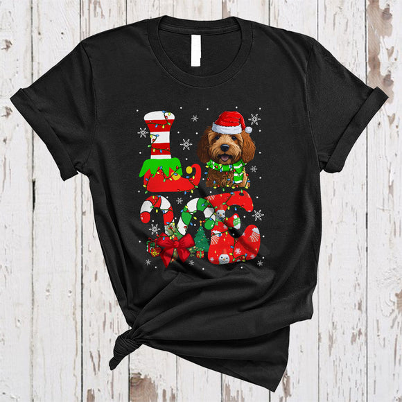 MacnyStore - LOVE, Colorful Christmas Santa Golden Doodle Lover, Candy Canes X-mas Lights Snow Around T-Shirt
