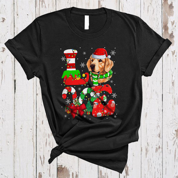 MacnyStore - LOVE, Colorful Christmas Santa Golden Retriever Lover, Candy Canes X-mas Lights Snow Around T-Shirt