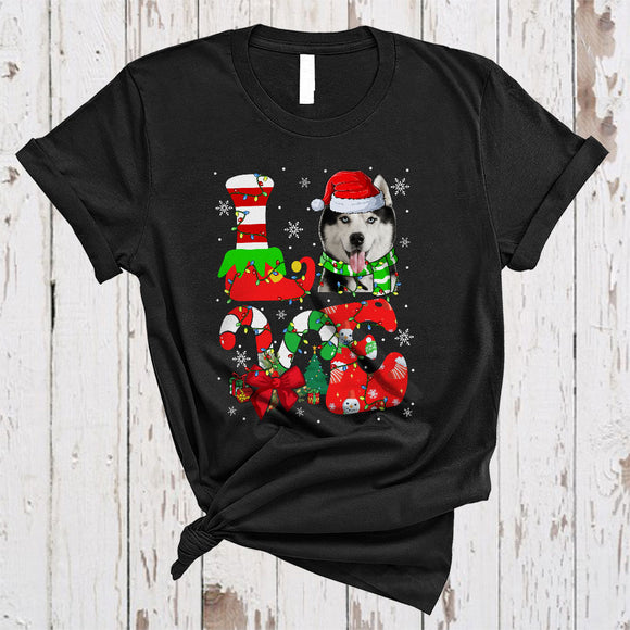 MacnyStore - LOVE, Colorful Christmas Santa Husky Lover, Candy Canes X-mas Lights Snow Around T-Shirt