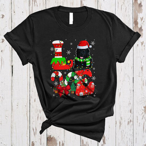 MacnyStore - LOVE, Colorful Christmas Santa Newfoundland Lover, Candy Canes X-mas Lights Snow Around T-Shirt