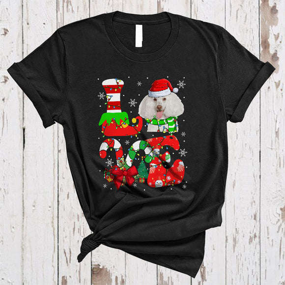 MacnyStore - LOVE, Colorful Christmas Santa Poodle Lover, Candy Canes X-mas Lights Snow Around T-Shirt