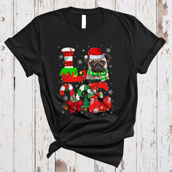 MacnyStore - LOVE, Colorful Christmas Santa Pug Lover, Candy Canes X-mas Lights Snow Around T-Shirt
