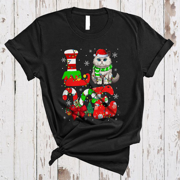 MacnyStore - LOVE, Colorful Christmas Santa Ragdoll Lover, Candy Canes X-mas Lights Snow Around T-Shirt