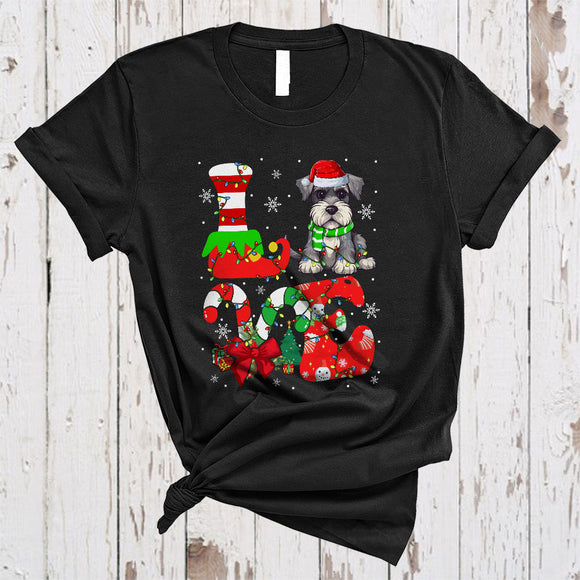 MacnyStore - LOVE, Colorful Christmas Santa Schnauzer Lover, Candy Canes X-mas Lights Snow Around T-Shirt