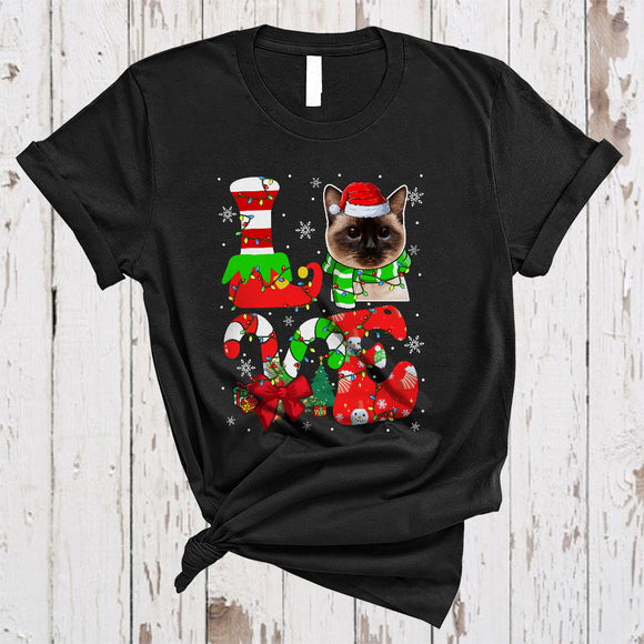 MacnyStore - LOVE, Colorful Christmas Santa Siamese Cat Lover, Candy Canes X-mas Lights Snow Around T-Shirt
