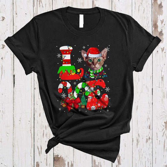 MacnyStore - LOVE, Colorful Christmas Santa Sphynx Lover, Candy Canes X-mas Lights Snow Around T-Shirt