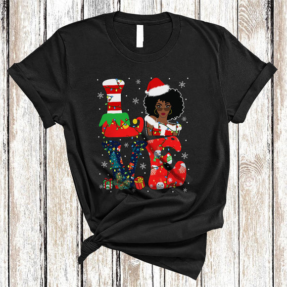 MacnyStore - LOVE, Cool Christmas Proud Black Afro African American Women, X-mas Lights Family Group T-Shirt
