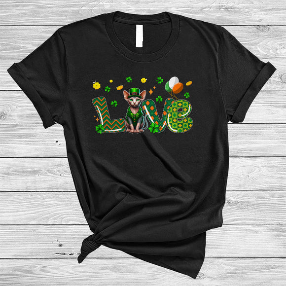 MacnyStore - LOVE, Happy St. Patrick's Day Plaid Sphynx Cat Lover, Lucky Shamrock Irish Family Group T-Shirt