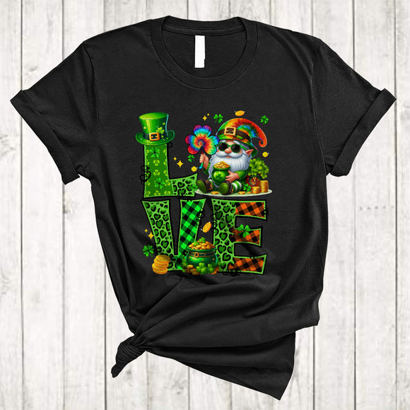 MacnyStore - LOVE, Happy St. Patrick's Day Tie Dye Gnome Gnomies Group, Leopard Plaid Shamrock T-Shirt