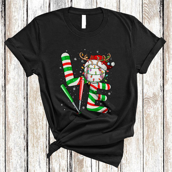 MacnyStore - LOVE, Joyful Cool Christmas Santa Reindeer Baseball Ball, Baseball Sport Player X-mas Team T-Shirt
