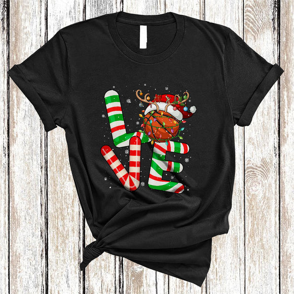 MacnyStore - LOVE, Joyful Cool Christmas Santa Reindeer Basketball Ball, Basketball Sport Player X-mas Team T-Shirt